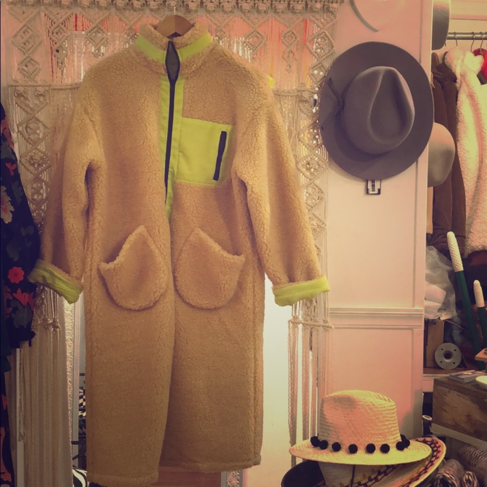 J.O.A Cream & Neon Green Long Teddy Coat